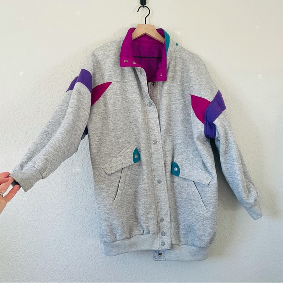 Vintage 80s 90s Magenta & Grey Reversible Puffer Windbreaker - Picture 1 of 11